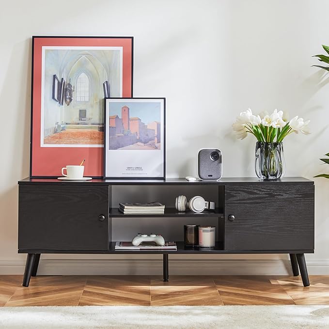 NEWBULIG TV Stand for 55 60 inch TV, Modern Mid Century Entertainment Center with Storage, Wooden Media Console Table 2 Cabinet for Living Room, Soft Hinge, Handle Door, Office Furniture, Black