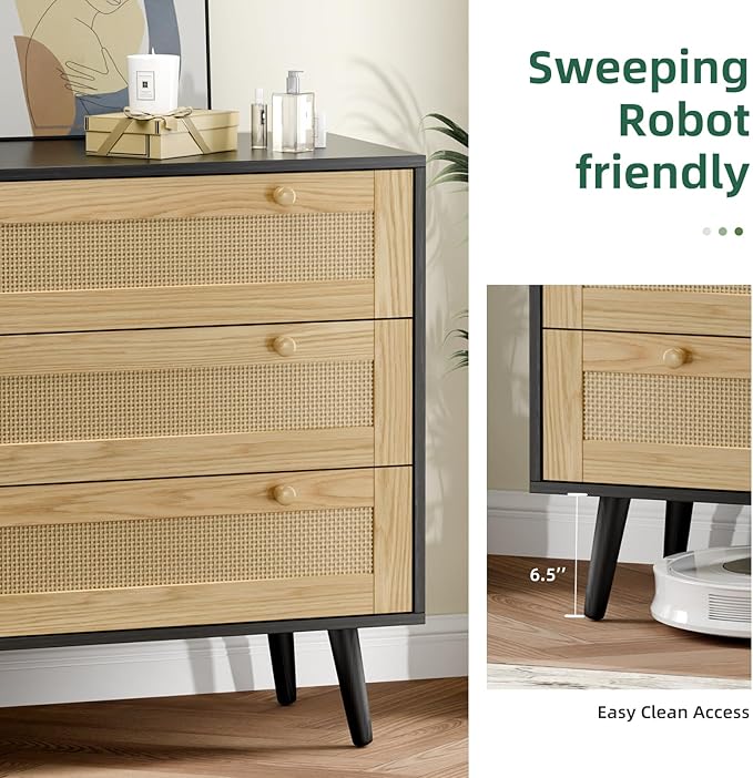 3 Drawer Rattan Dresser for Bedroom, Modern Wooden Dresser Chest with Handles for Bedroom, Hallway and Living Room, Black
