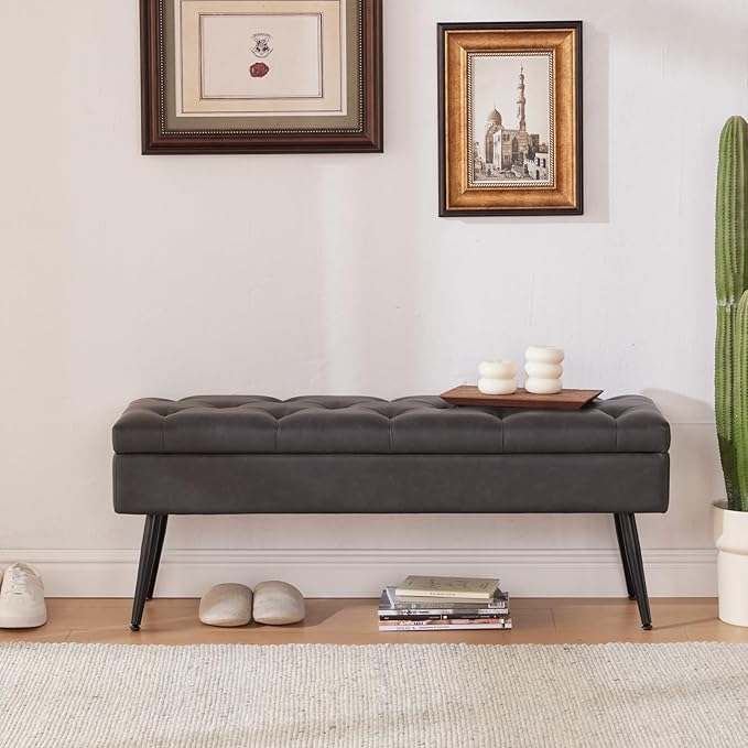 CUYOCA Storage Ottoman Bench, 40" Faux Leather Tufted Entryway Bench, Long Ottoman with Storage for Living Room, Support 660lbs - Black