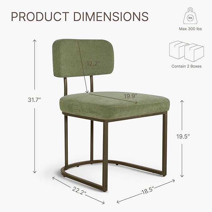 Dining Chairs Set of 4, Upholstered Modern Kitchen Chairs with Ergonomic Backrest, Fabric Cushion & Wire Drawing Curve Metal Legs for Living Room, Restaurant, Café, Green, 2Boxs
