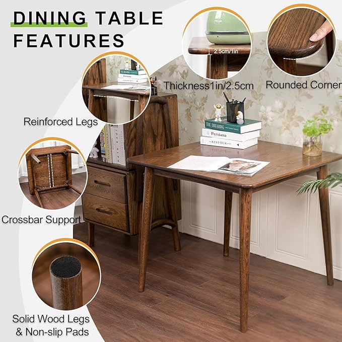 Square Dining Table 31.5“, Solid Wood Kitchen Table for Small Space, Mid-Century Modern Wooden Kitchen Dining Table, 31.5" L x 31.5" W x 29.5" H, Walnut