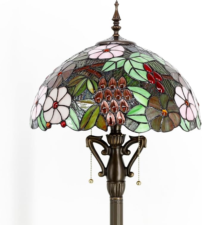 Tiffany Floor Lamp Green Purple Grape Stained Glass Standing Reading Light 16X16X66 Inches Antique Pole Corner Lamp Decor Bedroom Living Room