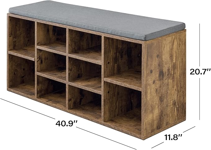 PayLessHere Shoe Bench - 10 Compartment Shoe Organizer with 3-Tier Rack & Adjustable Shelves for Living Room, Entryway, Hallway, Bedroom (Brown)