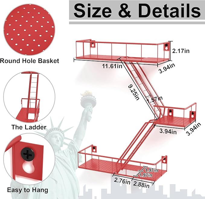 Fire Escape Wall Shelf with Baskets, 3-Tier Metal Fire Escape Ladder Shelf Wall Organizer, New York Inspired Decorative Shelf, Red Floating Action Figurine Display Shelves for Bedroom, Home Décor.