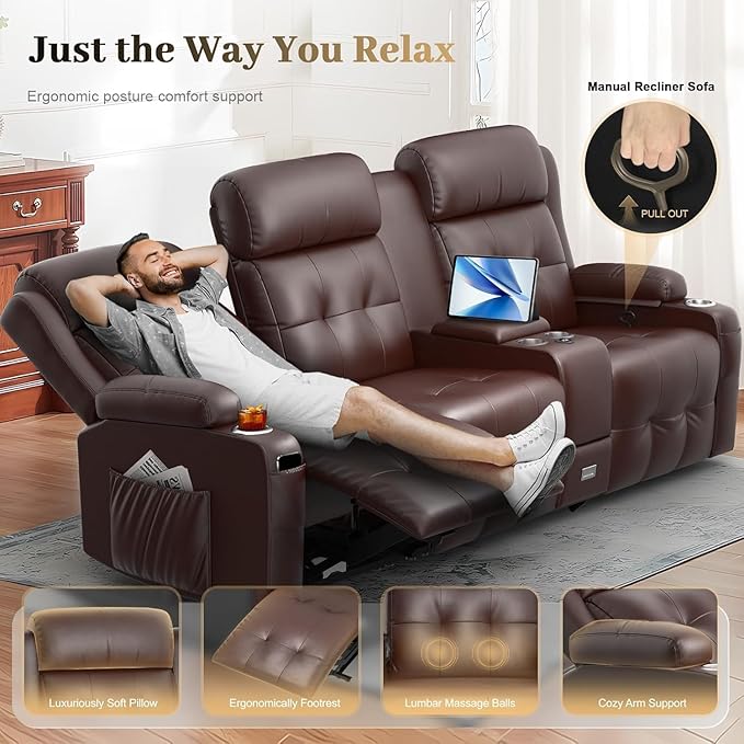 Recliner Sofa, Massage Reclining Sofa 3 Seater Sets Heavy Weight Capacity, RV Loveseat Couch Clearance with Console, USB, Type C Port, Storage, Cup Holders, Wall Hugger Chair for Living Room
