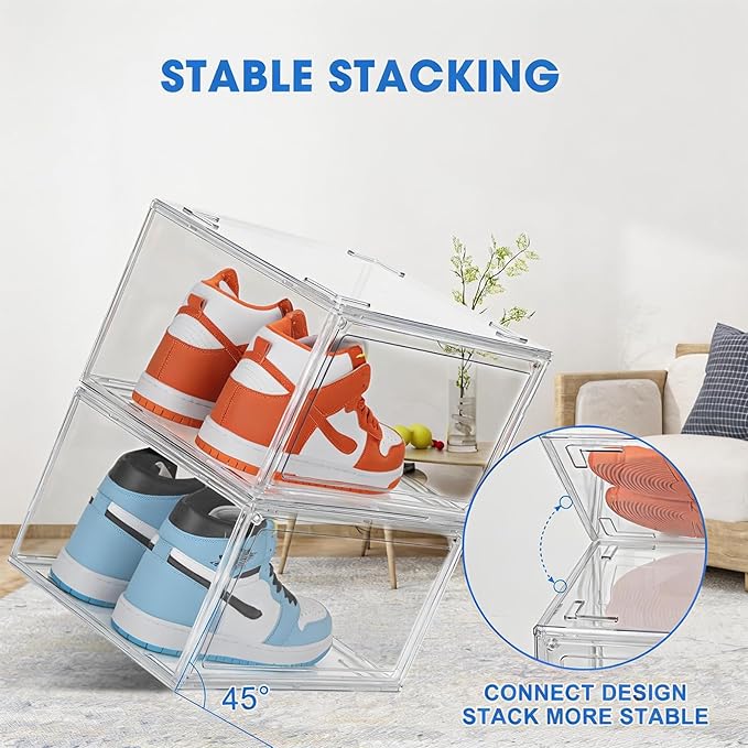 HIYOHIYO 2-Pack Acrylic Clear Stackable Shoe Boxes - 360 Clear Acrylic Display Shoes Boxes - Fully Transparent Display Box with Magnetic Door - Size 14