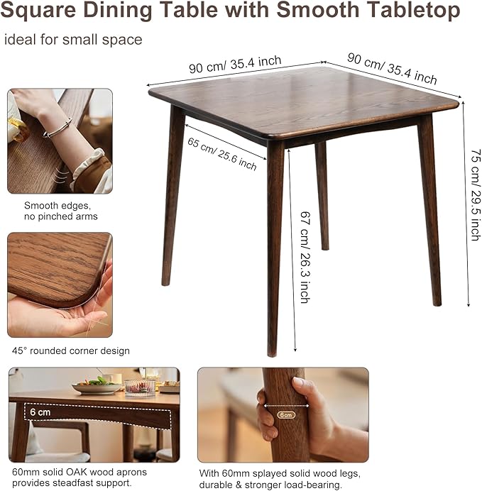 Square Dining Table, Solid Wood Kitchen Table, Mid-Century Modern Kitchen Island Tables for Small Space with Oak Finish, 35.4”D x 35.4" W x 29.5" H, Walnut