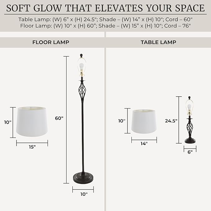 Lavish Home Table and Floor Lamps – Set of 3 Spiral Cage Design Lights for Living Room, Bedroom, or Entry with LED Bulbs Included (Bronze)