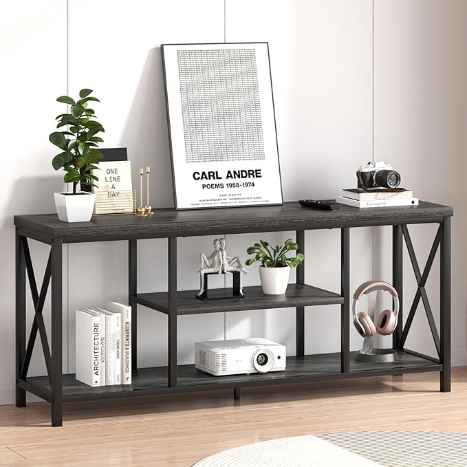 FOLUBAN Modern TV Stand for TV up to 65 Inch, Rustic Wood Entertainment Center with Storage Shelves, Industrial Media TV Console and TV Table for Living Room Bedroom, 55 Inch Dark Gray