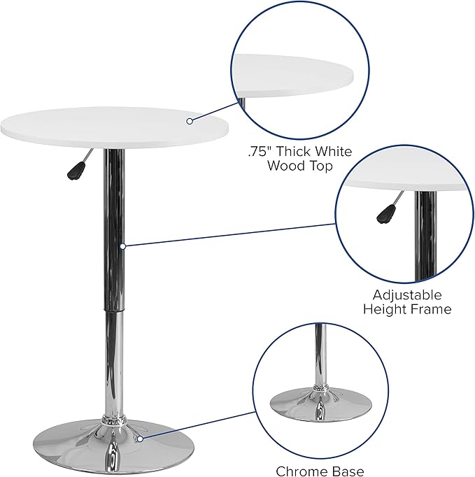 Flash Furniture Pearl 23.75'' Round Wood Dining Table with Chrome Base, Narrow Round Wood Cocktail Table, Adjusts 26.25'' - 35.75"H, White/Silver