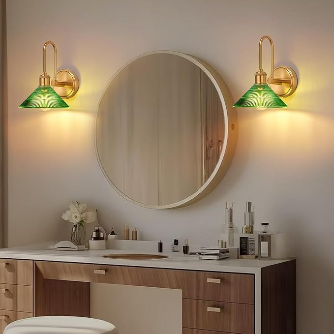 Wall Sconce Set of 2, Gold Vintage Light Fixtures with Round Green Glass Lampshade, Hardwired Sconces Wall Lighting for Bedroom, Bathroom, Living Room | Includes 2 LED Bulbs