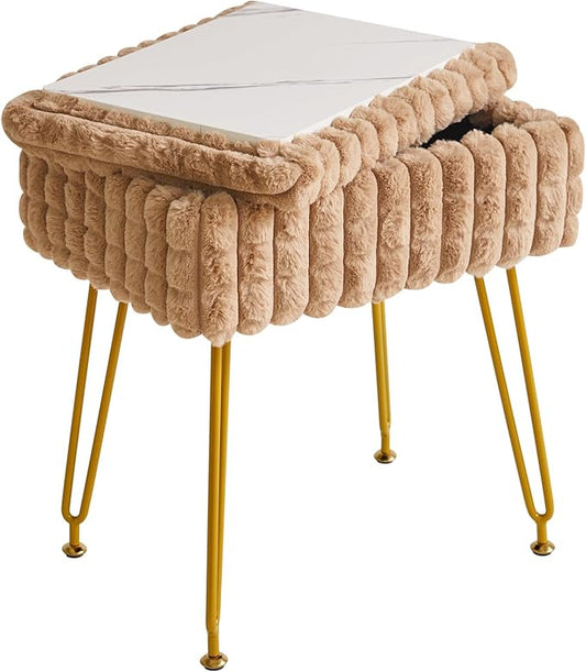 IBUYKE Rectangle Vanity Chair with Storage Space, Footrest Footstool Ottoman, Vanity Stool, Dressing Table Chair, with Anti-Slip Feet, for Makeup Room, Bedroom, Square Grid Pattern, Khaki WBD004K