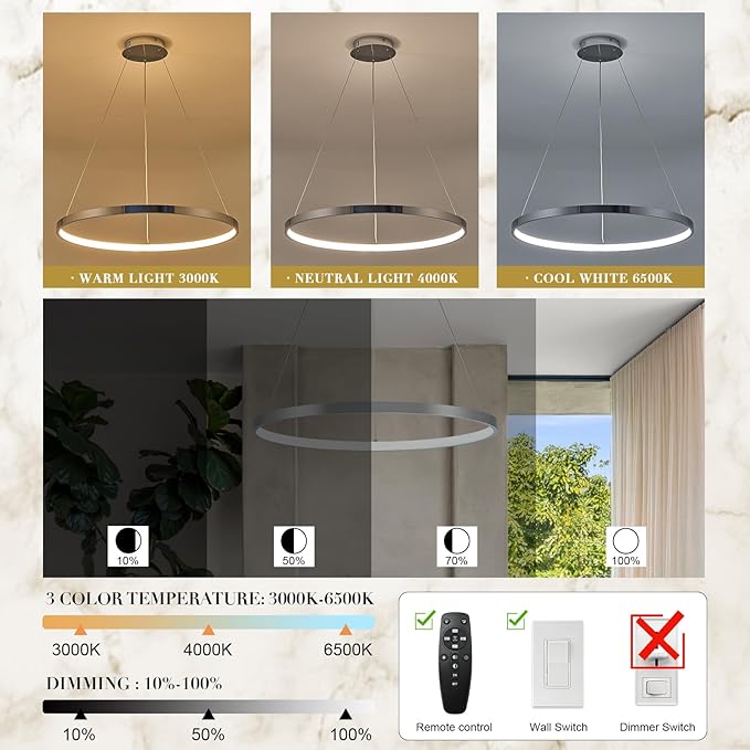 Chrome LED Ring Chandelier 24" Remote Control Dimmable Flush Mount Pendant Chandelier for Dinning Room Office Kitchen Living Room,3000-6500K