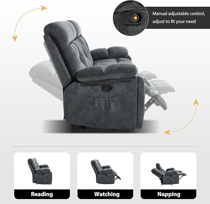 CANMOV 3 Seat Manual Recliner Sofa, Modern Reclining Sofa with Overstuffed Armrest, Hidden Cup Holders, for Living Room, Greenish-Gray