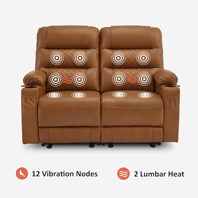 MCombo 56.3" Zero Gravity Power Loveseat Recliner with Heat and Vibration Massage, Reclining Loveseat Sofa with USB Ports, Cup Holders for Living Room, Faux Leather PR622Sets (Saddle)