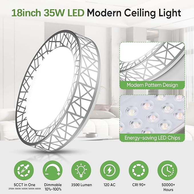 18 Inch Flush Mount Ceiling Light, Modern Brushed Nickel LED Ceiling Light Fixture, 35W 3500LM 2700-6500K Adjustable, Dimmable Ceiling Lights for Bedroom, Kitchen, Hallway, Bathroom, ETL