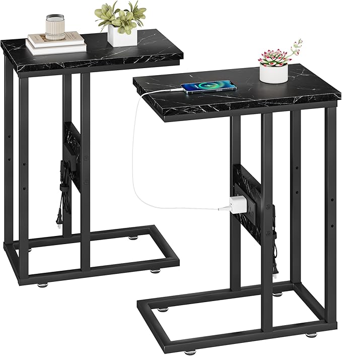 VECELO C Shaped End Table with Charging Station & Power Outlets, Quick Access Side Table for Sofa, C Bedside for Living Room Bedroom 2 Set,Black Marble