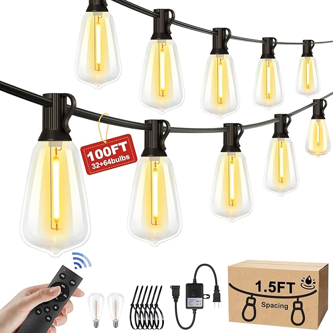 100FT Outdoor String Lights - 64+4 Bulbs(𝟏.𝟓𝐅𝐓 𝐁𝐮𝐥𝐛𝐬 𝐒𝐩𝐚𝐜𝐢𝐧𝐠) | Remote & Dimmer, 3 Light Modes & Timing, IP65 Waterproof, 100PC Mounting Ties for Patio/Outside/Commercial