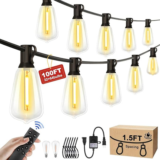 100FT Outdoor String Lights - 64+4 Bulbs(𝟏.𝟓𝐅𝐓 𝐁𝐮𝐥𝐛𝐬 𝐒𝐩𝐚𝐜𝐢𝐧𝐠) | Remote & Dimmer, 3 Light Modes & Timing, IP65 Waterproof, 100PC Mounting Ties for Patio/Outside/Commercial