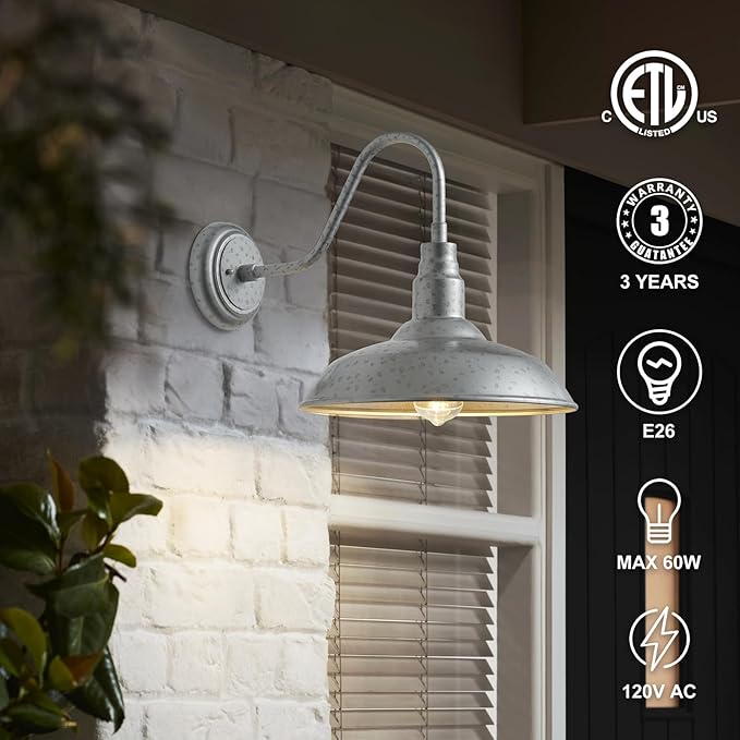 10in Dome Outdoor Gooseneck Barn Light, 2 Pack Silver Exterior Porch Gooseneck Wall Mount Lighting Fixture, Farmhouse Style Outside Barn Wall Sconce for House, Garage, Waterproof