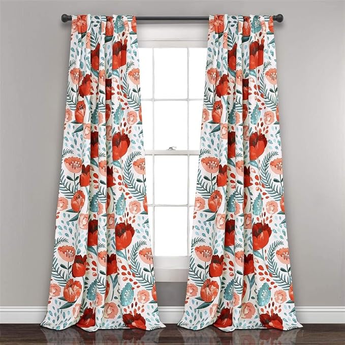 Lush Decor x 52” Multicolored Poppy Garden Curtains Light Filtering Window Set for Living, Dining, Bedroom, 108 in L Panel Pair, Multi