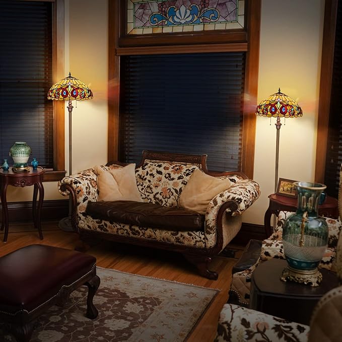 Capulina Tiffany Lamp Stained Glass Floor Lamp 2-Light 16x16x63 Inches Antique Victorian Cream Brown Industrial Dark Bronze Pole Tiffany Style Standing Lamp for Living Room Bedroom Home Office