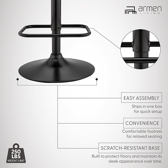 Armen Living Leland Adjustable Grey Faux Leather and Black Finish Bar Stool