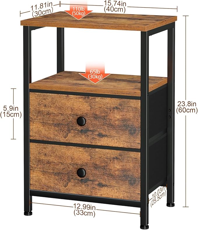 Night Stand for Bedroom, Nightstand with 2 Fabric Drawers, Small Bed Side Table Table with Open Storage Shelf for Living Room, Rustic Brown, HETS002BR-1