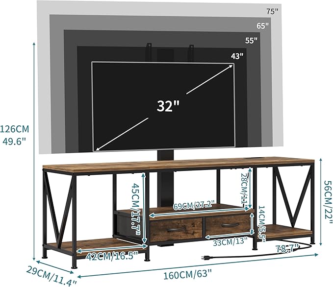 63" W TV Stand with Mount for 55,65,75" TV,Entertainment Center with Power Outlet&Led Lights,Height Adjustable TV Console Table with Open Storage Shelves&Fabric Drawers (Rustic Brown, 63“W)
