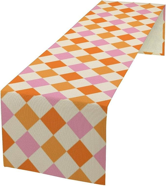 Retro 70s Hippie Table Runner Geometric Square Grid Yellow Orange Pink 1960s 1970s Vintage Country Farmhouse Dinner Runner for Living Room Kitchen Party Holiday 13x60in