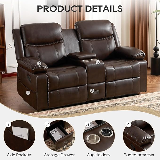Recliner Sofa, Reclining Loveseat Sofa with Massage & Heat, Reclining Couch with Side Pockets, Extra Storage, Cup Holders for Living Room