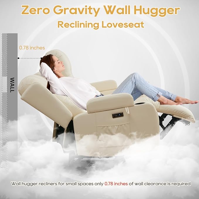 IPKIG Power Recliner Sofa with Flip-Up Backrest Console, USB & USB-C Ports, AC Outlet, LED Lights, Wall Hugger Recliners for Living Room, RV (Off Withe, 67" - 3 Seat) | Faux Leather, Zero Gravity, Dual Reclining, 2 Lumabr Pillow, Bluetooth Speakers