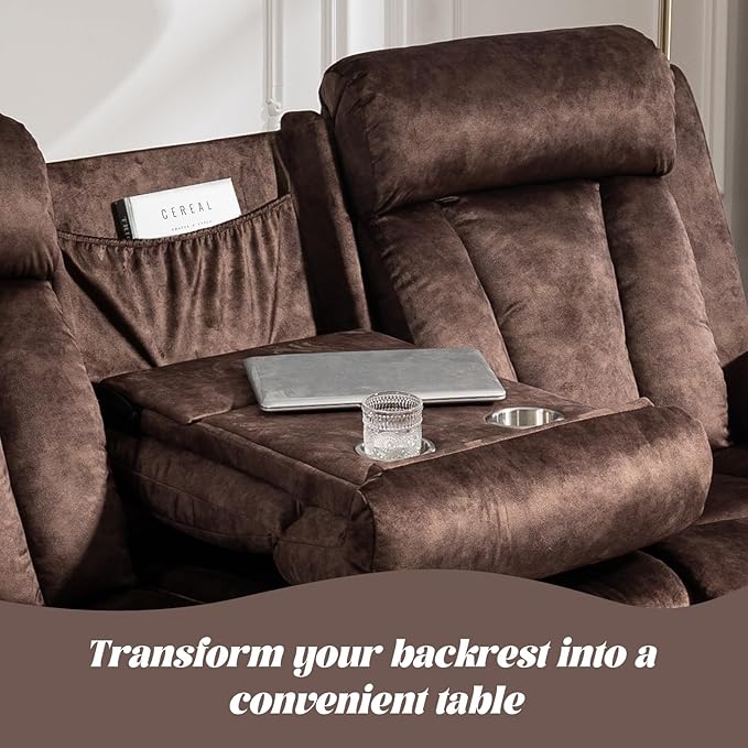 Electric Power Reclining Sofa w/Flipped Middle Backrest & Cup Holders, Power Recliner Couch w/Massage & Heat, Spacious 3-Seater Couch for Living Room Comfort (Brown)