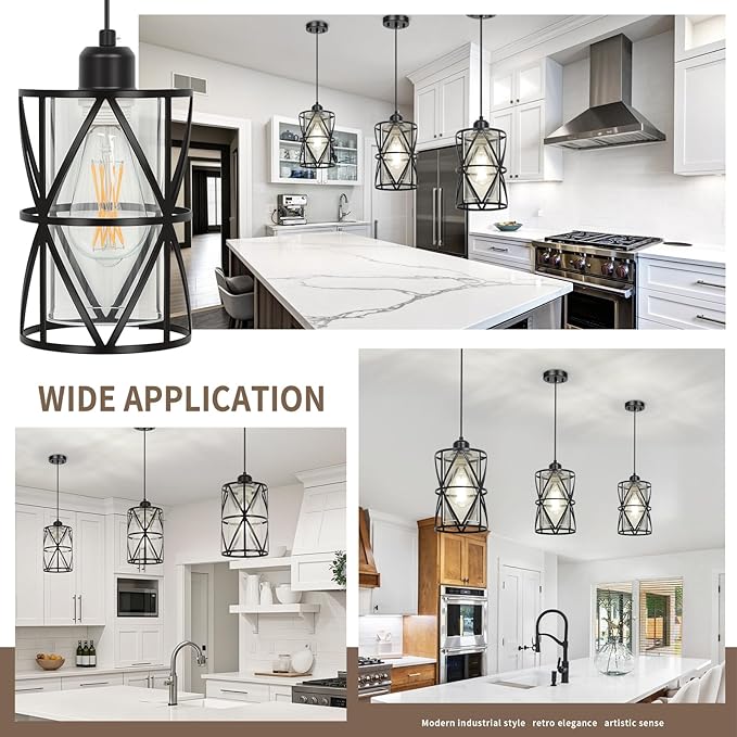 5.4"×7.9" Black Pendant Lights Kitchen Island, Pendant Light with Clear Glass Shade, Modern Kitchen Lights, Hanging Light Fixture for Kitchen Island, Foyer, Dining Room, Entryway