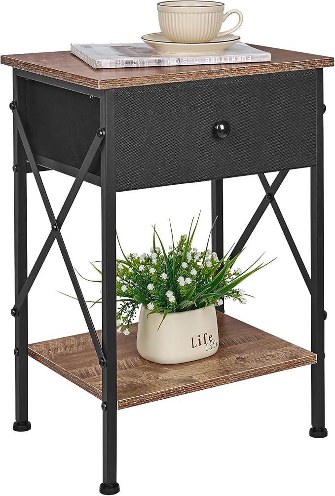 VECELO Nightstand, X-Design End Side Table with Fabric Storage Drawer and Open Shelf, Bedside Night Stand with Steel Frame for Bedroom, Living Room,Dorm, Easy Assembly,Walnut Brown