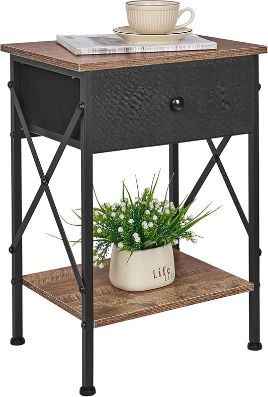 VECELO Nightstand, X-Design End Side Table with Fabric Storage Drawer and Open Shelf, Bedside Night Stand with Steel Frame for Bedroom, Living Room,Dorm, Easy Assembly,Walnut Brown