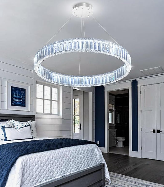 24'' Modern Ring Chandelier Crystal Chandeliers for Dining Room Round LED Dimmable Ceiling Light Fixture for Living Room Bedroom Lighting Silver