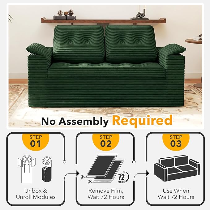 60in Loveseat Sofa, Boneless Cloud Couch Sofa for Living Room 2 Seater Modern Lounge Sleeper Couch with Removable Cover Corduroy with Armrest, Seat Cushion & Pillows for Small Spaces, Green