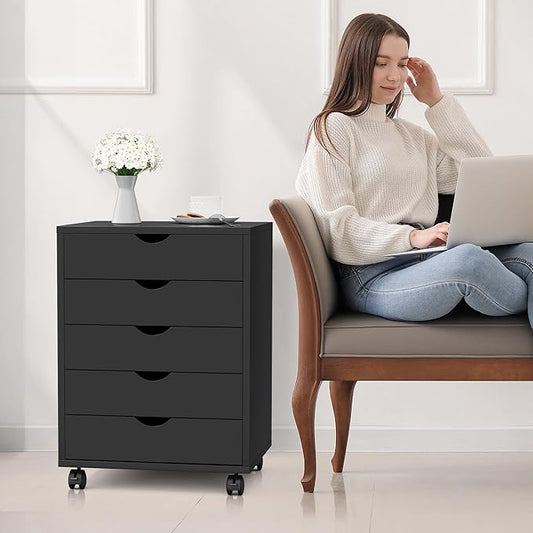 5-Drawer Chest, Office Storage Dresser File Cabinet with Wheels, Mobile Dresser for Home Office, Black