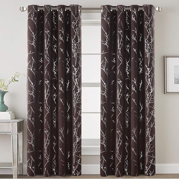 H.VERSAILTEX Blackout Curtains for Bedroom Foil Print Twig Tree Branch Thermal Insulated Grommet Curtain Drapes Light Blocking Thick Soft Window Curtains for Living 52 x 84 Inch, 2 Panels, Brown