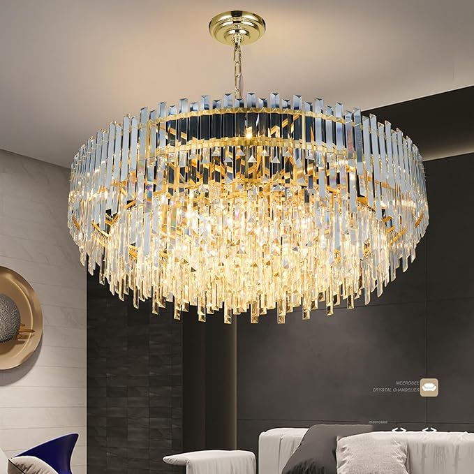 Gold Crystal Chandelier Modern Large Chandeliers Raindrop Lighting Pendant Lights Fixtures Ceiling for Living Room Dining Rooms Entryway Round Hanging D39.37''