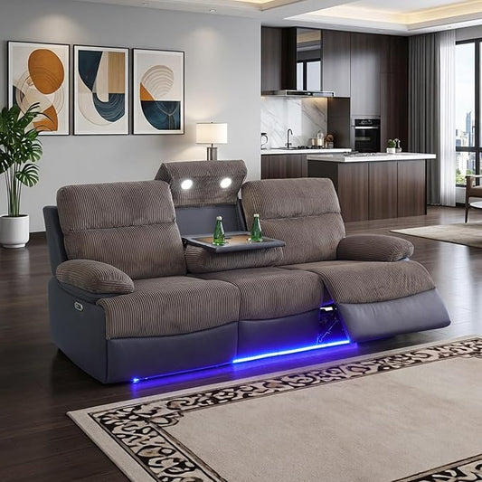Power Corduroy Reclining Sofa with LED Light,Double Recliner Sofa with Drop Down Coffee Table/USB Port/Storage,3 Seater Corduroy Couch for Living Room Furniture Sets(3 Seats,Brown)