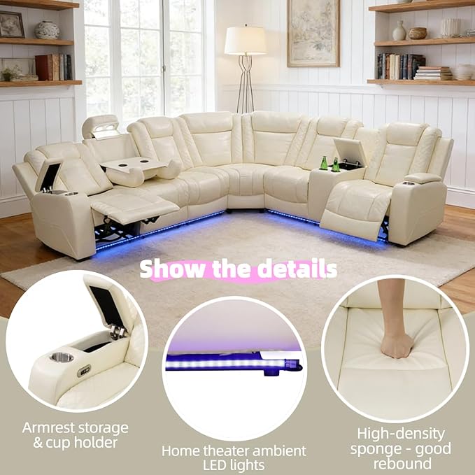 Power Reclining Sofa Set with LED Light, Living Room Furiture Set,Leather Reclining Sectional Couch with USB Port/Cup Holder for Living Room Home Office