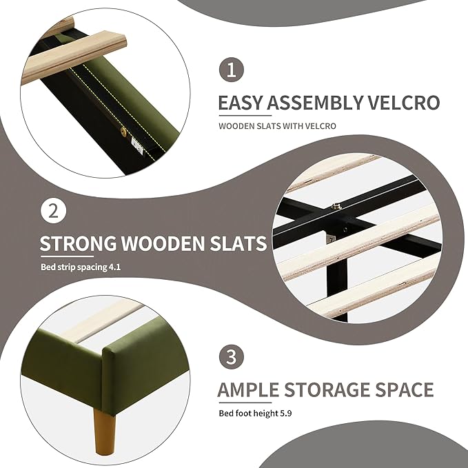 YUHUASHI upholstered Platform Bed Frame/King Bed Frame/Modern Geometric Double-Wing Design headboard/Velvet Fabric/Easy to Assemble no Noise (Grass Green, King (U.S. Standard))