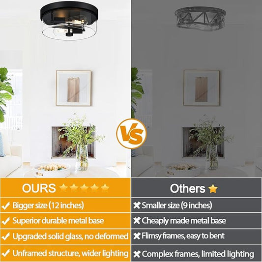 Flush Mount Ceiling Light Fixtures, 2-Light Black Ceiling Mount for Farmhouse with Clear Glass Lampshade, Industrial Flush Mount Light Fixture for Hallway, Kitchen, Entryway and Foyer