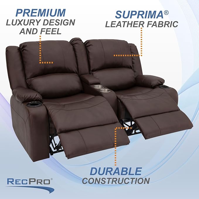 RecPro Charles 64" Powered Recliner RV Sofa with Console and Cupholders | Zero Wall Loveseat for Camper | Wall Hugger Couch (Mahogany, 64")
