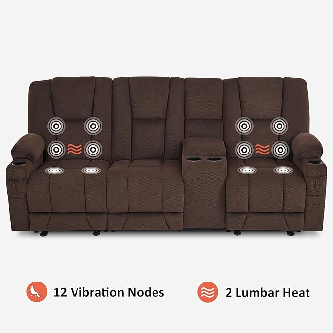 MCombo Zero Gravity 3 Seater Power Reclining Sofa with Console, Heat and Vibration Massage, Recliner Couch for Living Room, Fabric 6035SET (Brown, 3 Seater with Console)