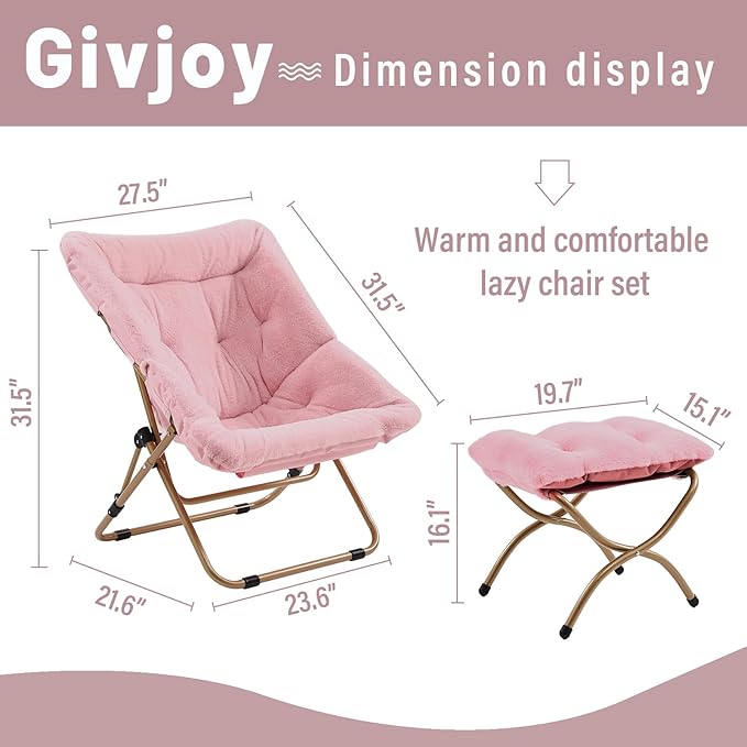 Comfy Folded Chair with Ottoman, Oversized Folding Faux Fur Chair Soft Furry Lazy Chair with Metal Frame Moon Chair Accent Chair for Bedroom, Living Room, Dorm Rooms