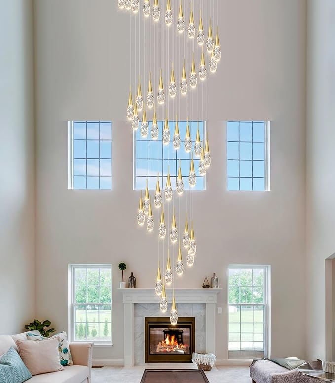 46-Lights 19 Feet Large Modern Chandelier LED Light Fixtures High Ceiling Long Light Chandelier for Entrance Foyer Dimmable Lights with Remote Living Room Ceiling Pendant Lighting Shine Gold