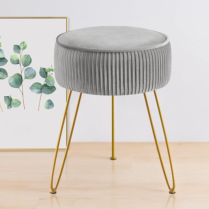 GERANT Multifunctional Vanity Stool,Modern Stools for Makeup Room,Velvet Round Ottoman Footrest Stool with Metal Legs, Upholstered Pleated Chair Living Room,Office, Artistic Gray, (ZG001)
